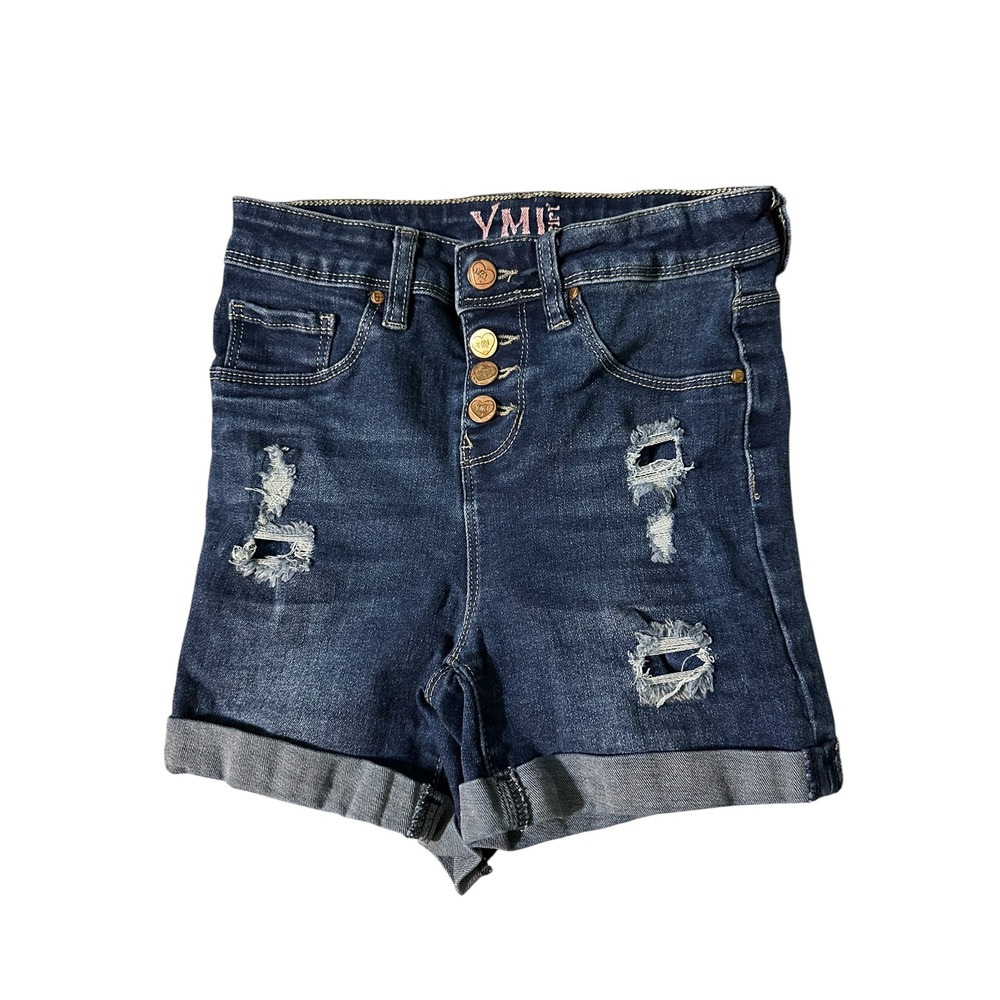 YMI Girl Dark Wash Denim Distressed Button Fly Cuffed Shorts Kids Size 10
